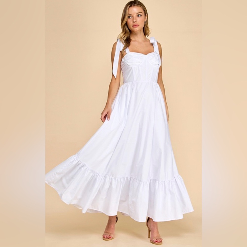 COTTON BALL Chic White Maxi Dress with Bow Straps - Picture 1 of 4